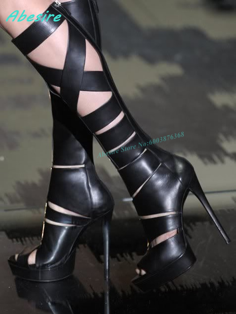 Cross Tied Hollow Out Leather  - Knee High Boots Women review and price