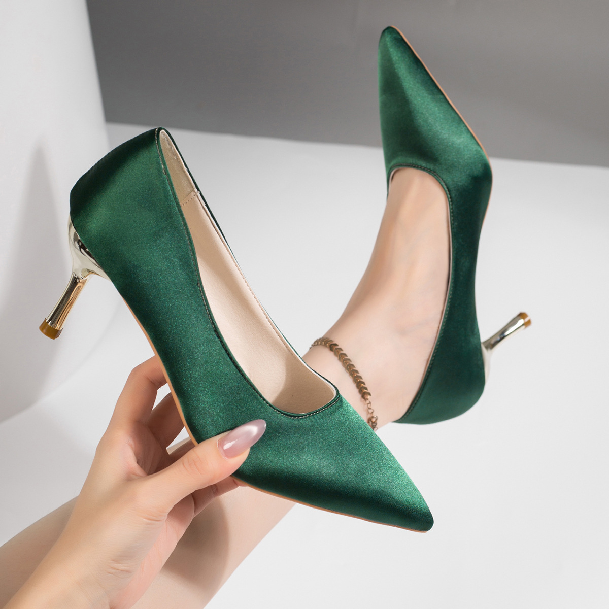 Women Green Satin Pumps Pointe - Court Heel Pointed review and price