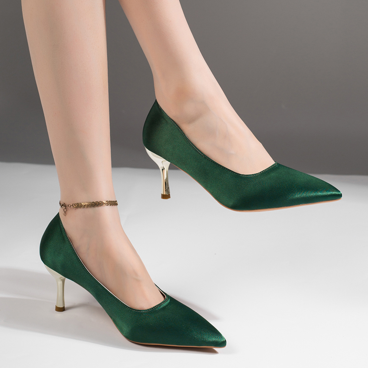 Women Green Satin Pumps Pointe - Court Heel Pointed review and price